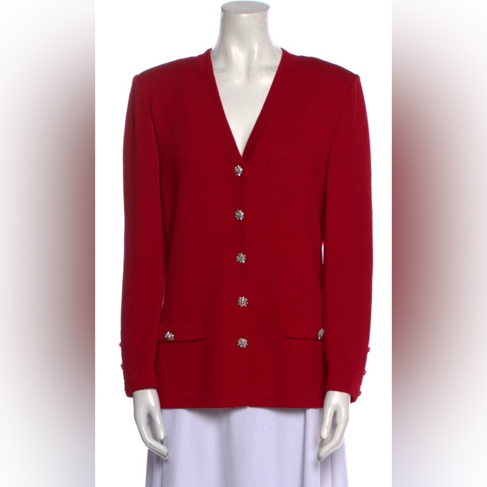 St. John Collection Red Cardigan with Embellished Buttons